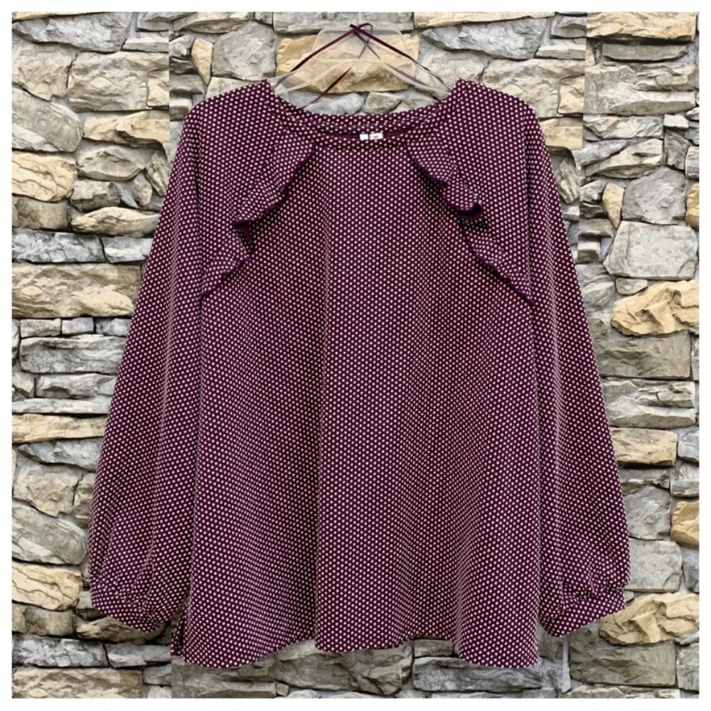 #47 Elle Ruffle Polka Dot Longe Sleeve Pullover Blouse Top Magenta Shirt Medium
